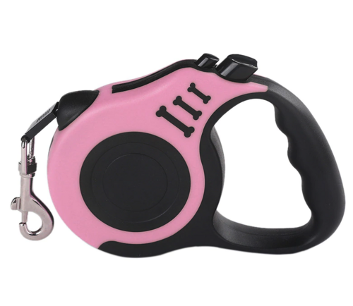 Full product shot of pink retractable leash with flat tape and swivel clip.