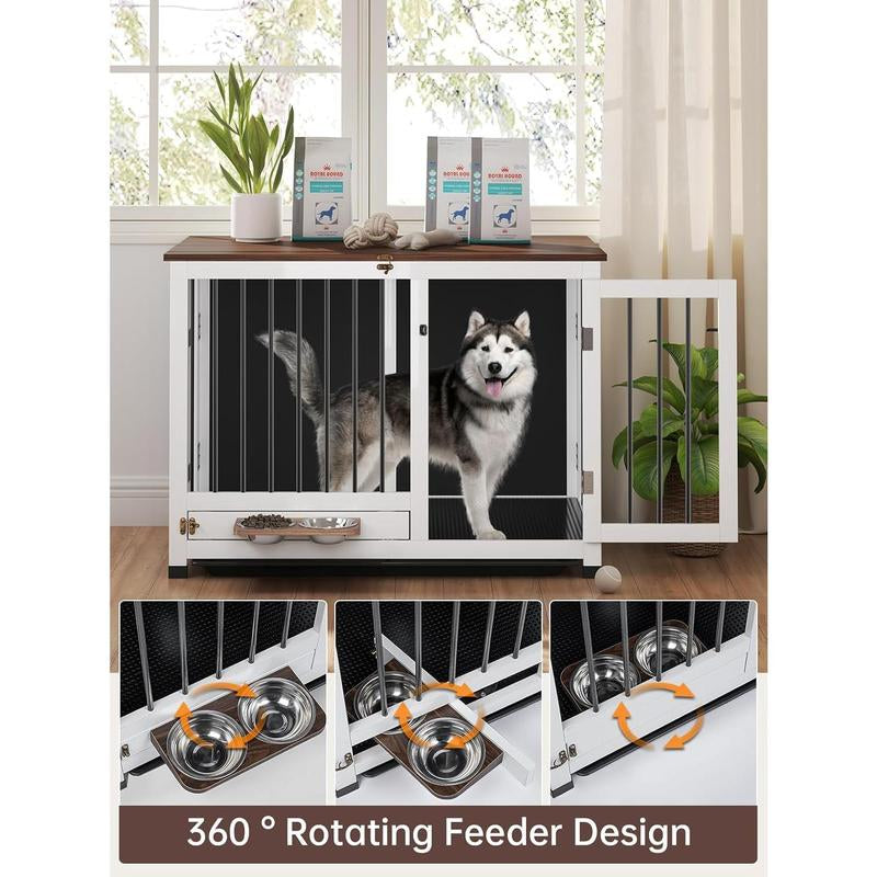 39.4'' Dog Crate Furniture, Foldable Wooden Dog Kennel with 360° Feeder, Detachable Tray, Easy Assembly for Medium & Large Dogs Cage Home Pet Supplies