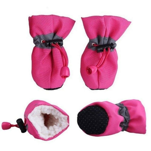 Pink dog boots shown from multiple angles, anti-slip sole and warm interior.