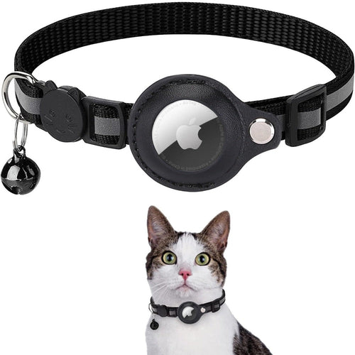 Black reflective nylon cat collar featuring AirTag holder, breakaway safety buckle and bell; detail shot and cat model.