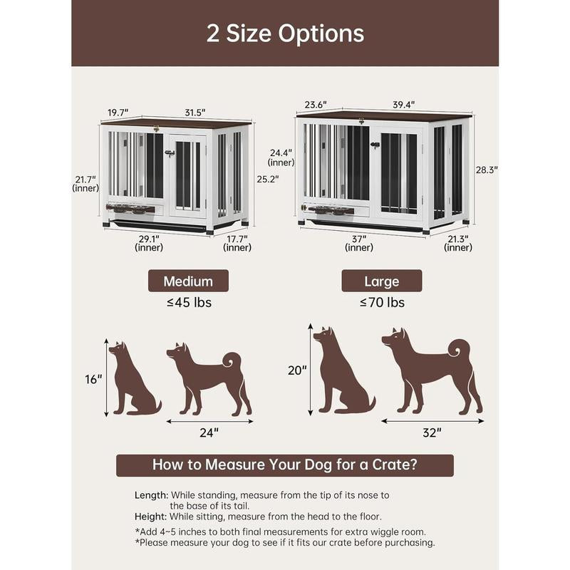 39.4'' Dog Crate Furniture, Foldable Wooden Dog Kennel with 360° Feeder, Detachable Tray, Easy Assembly for Medium & Large Dogs Cage Home Pet Supplies