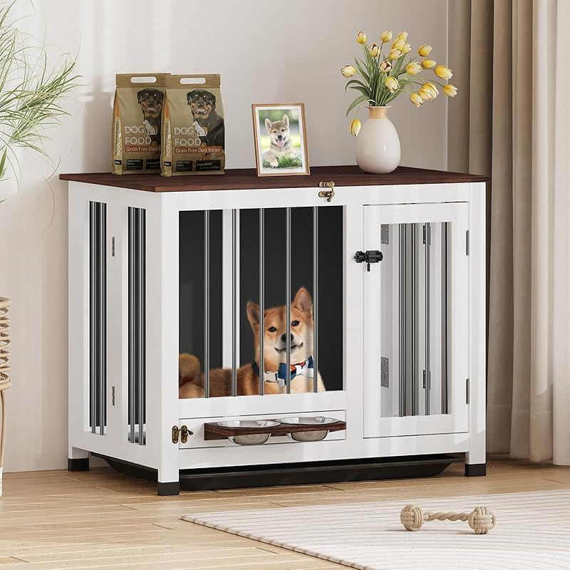 39.4'' Dog Crate Furniture, Foldable Wooden Dog Kennel with 360° Feeder, Detachable Tray, Easy Assembly for Medium & Large Dogs Cage Home Pet Supplies