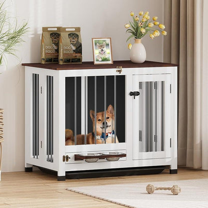 39.4'' Dog Crate Furniture, Foldable Wooden Dog Kennel with 360° Feeder, Detachable Tray, Easy Assembly for Medium & Large Dogs Cage Home Pet Supplies