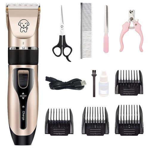 Expanded pet grooming kit with clipper, scissors, nail tools, comb and guard combs.