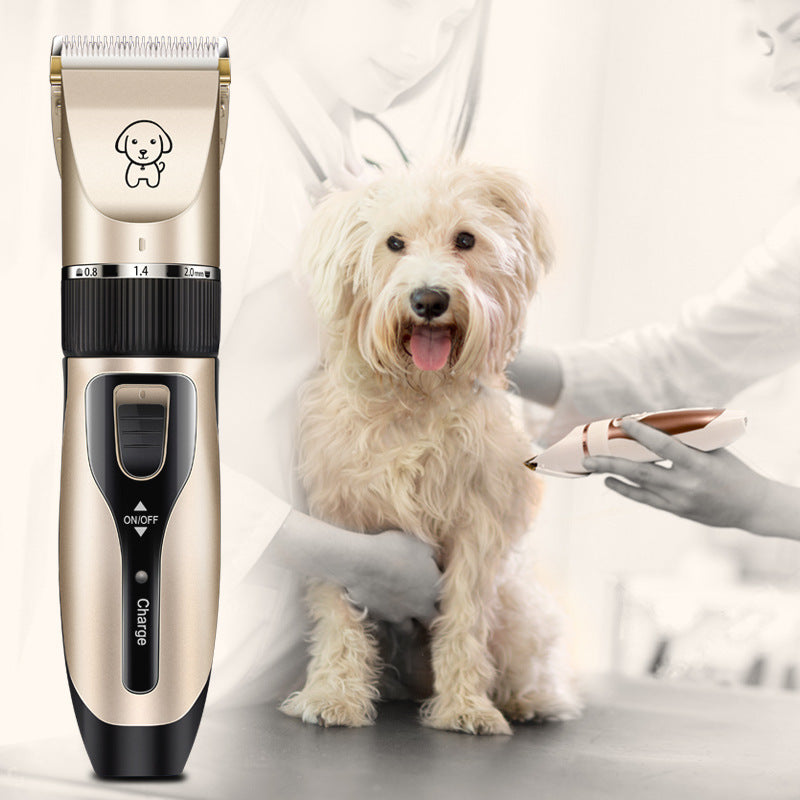 Groomer trimming a small dog with a cordless pet hair clipper on a salon table, Pawfy Land.