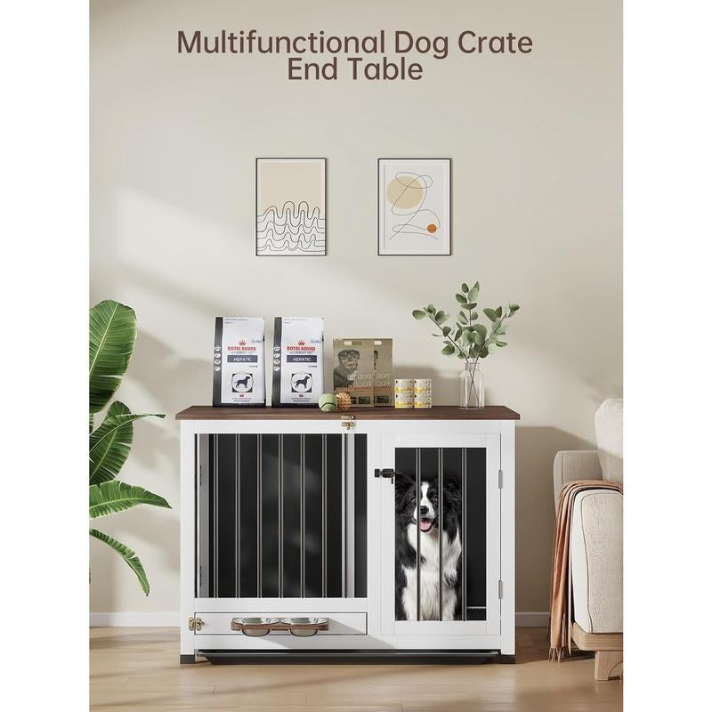 39.4'' Dog Crate Furniture, Foldable Wooden Dog Kennel with 360° Feeder, Detachable Tray, Easy Assembly for Medium & Large Dogs Cage Home Pet Supplies