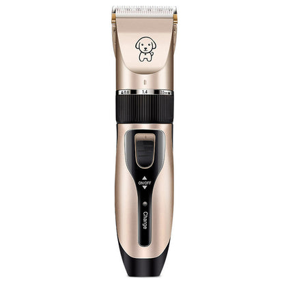 Front close view of the gold and black rechargeable dog and cat hair clipper.