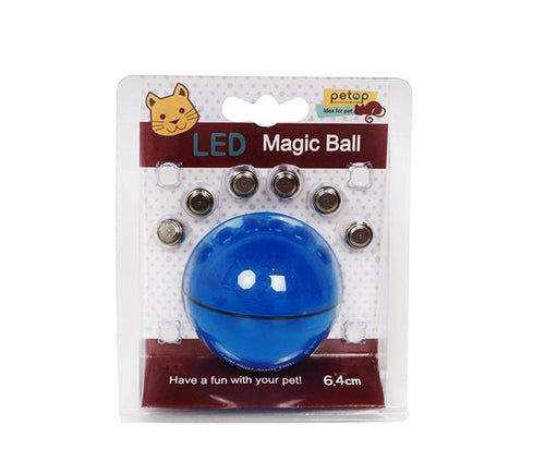 Package showing blue version of the LED Magic cat ball.