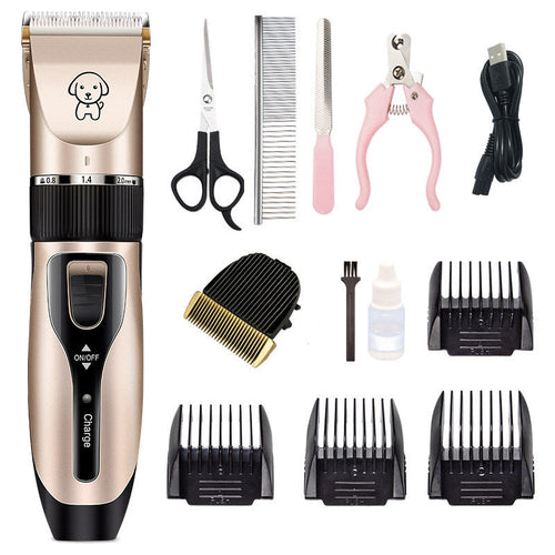 Full pet grooming kit including clipper, scissors, comb, nail trimmer and guide combs.