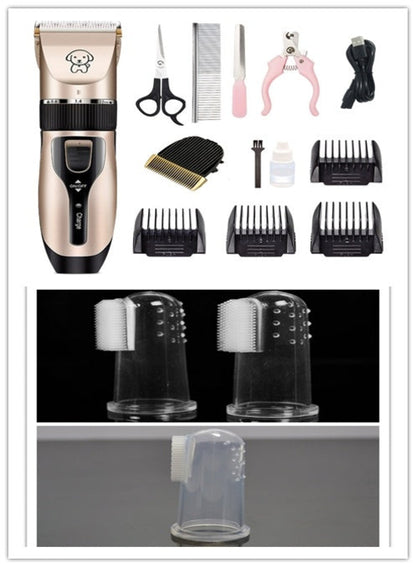 Promotional image featuring three cordless pet hair clippers with guide combs.