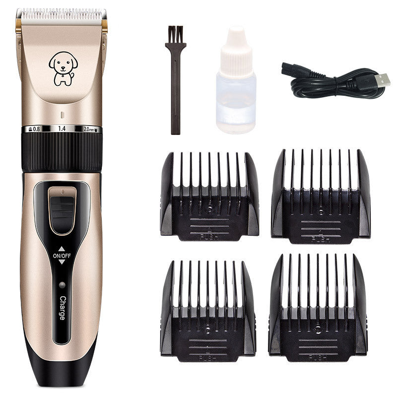 Cordless pet hair clipper with guide combs, cleaning brush, oil, and charging cable laid out.