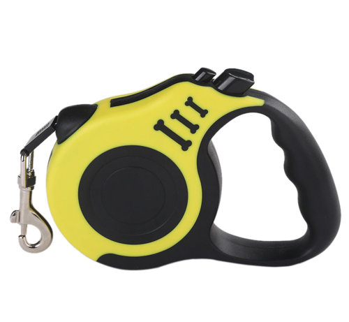 Full product shot of yellow automatic leash with tangle-free tape.