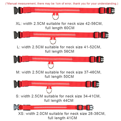 Sizing chart showing neck measurements and recommended collar sizes.