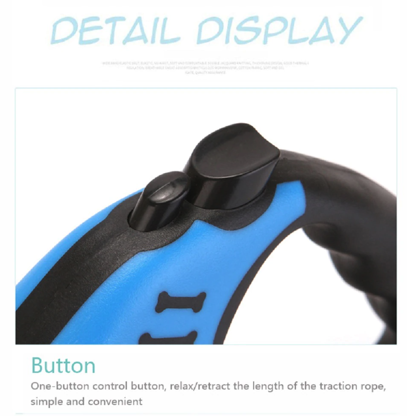 Top button of retractable leash showing push-to-lock and release mechanism.