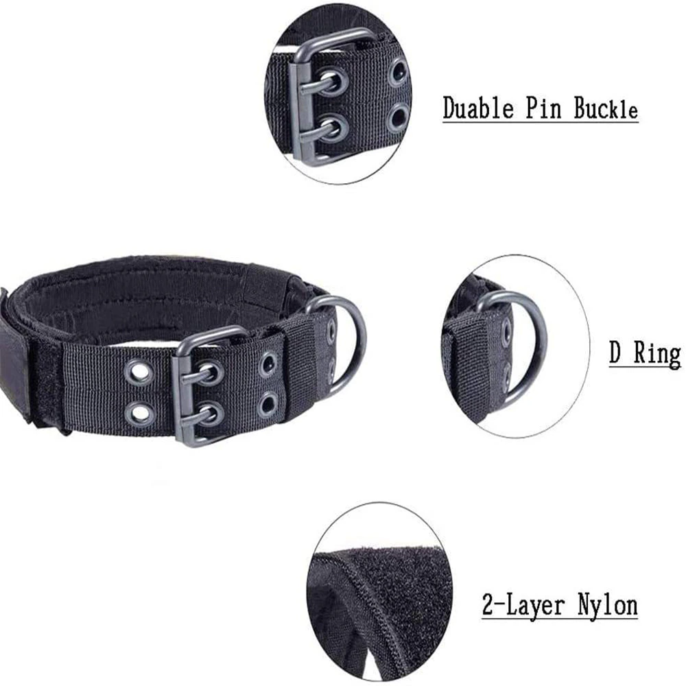 Diagram of K9 collar parts showing built-in handle, metal buckle, and padded lining.