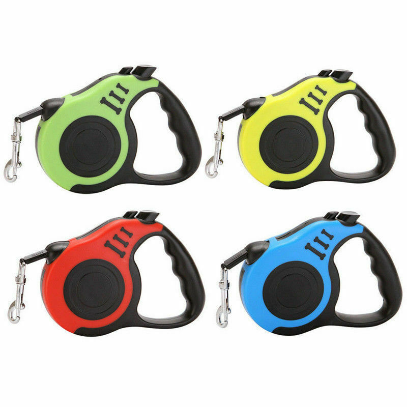 Small product group of green, orange, and blue retractable leashes showing locked and open states.