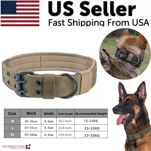 Product poster of black heavy-duty K9 collar with specifications.