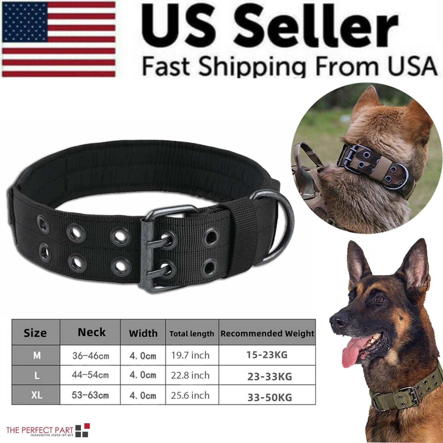 Size chart and images for tactical K9 collars sold from USA.