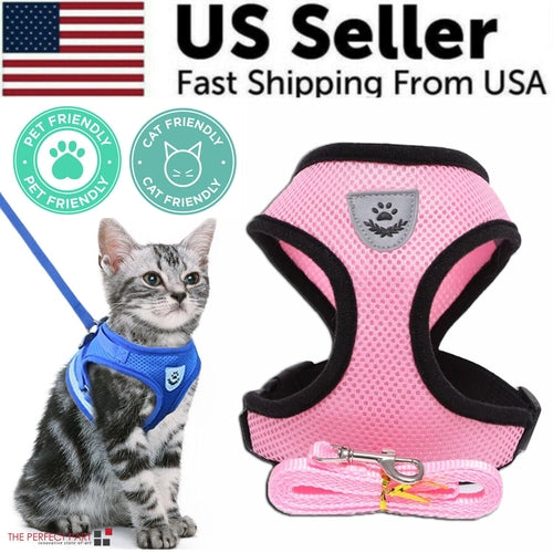 Pink breathable mesh pet harness presented with fast shipping badge.