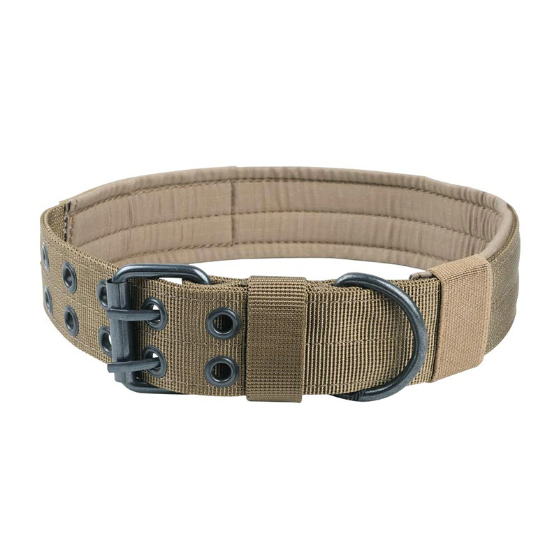 Product poster of khaki 2-inch nylon dog collar with size table.