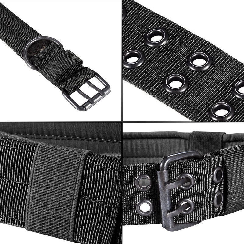 Lineup of wide nylon K9 collars in black, tan, and green with metal buckles.