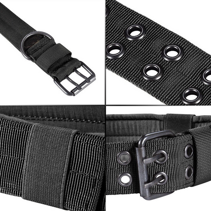 Lineup of wide nylon K9 collars in black, tan, and green with metal buckles.