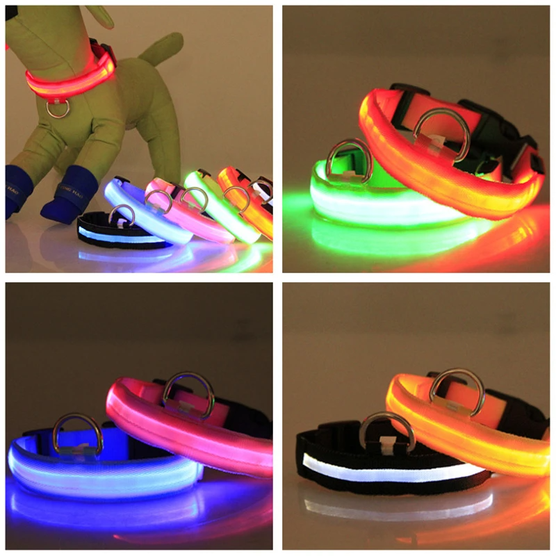 Pile of curved glowing collars in several colors.