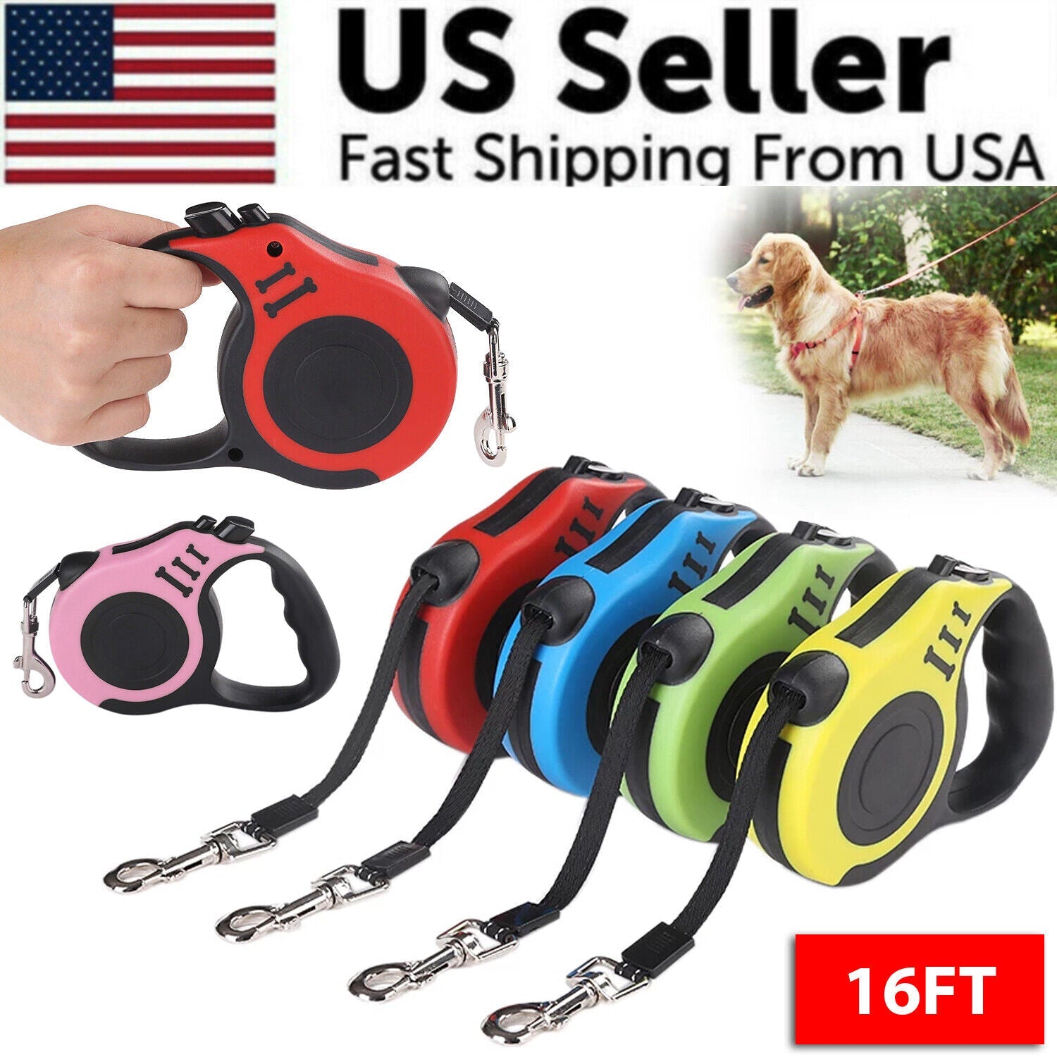 Hero image showing multiple 16.5-foot automatic retractable dog leashes in assorted colors.