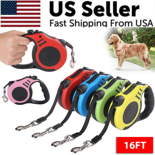 Hero image showing multiple 16.5-foot automatic retractable dog leashes in assorted colors.