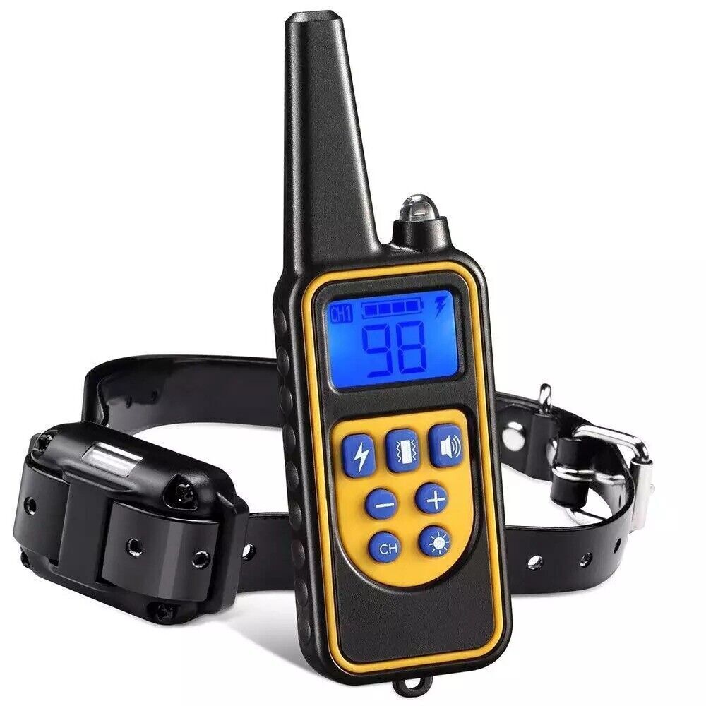 Black rechargeable dog training collar paired with long-range remote.