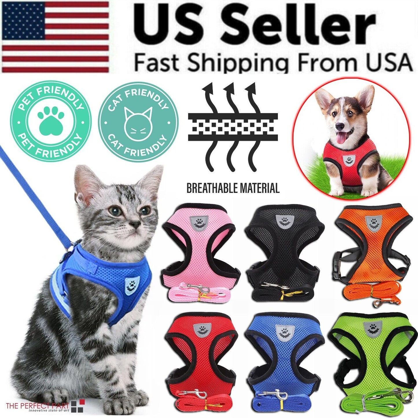 Collage showing breathable mesh dog and cat harness in multiple colors with US Seller badge.