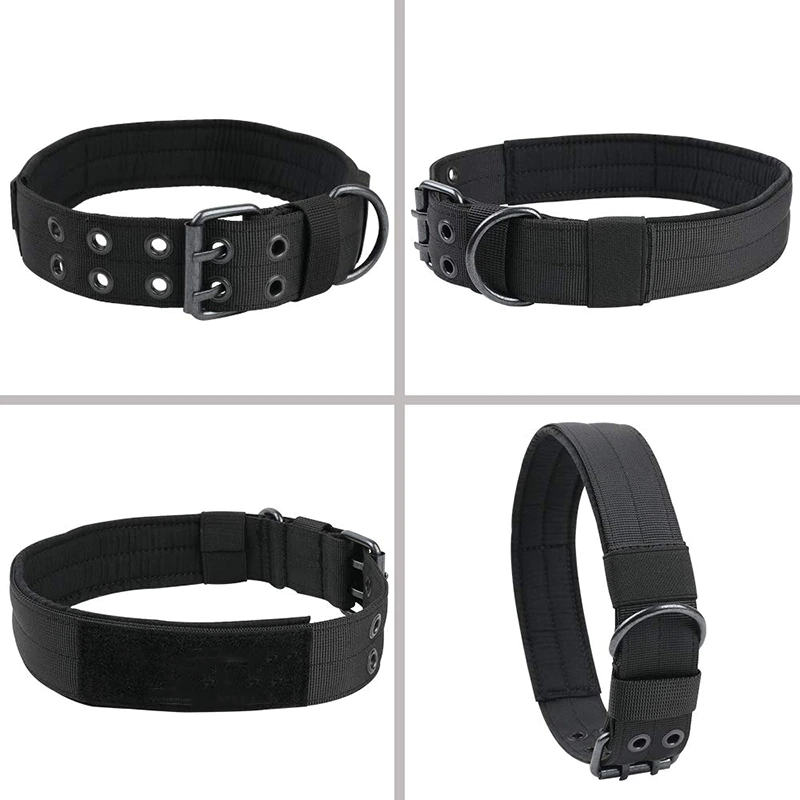 Four views of the tactical dog collar including side, top, and open positions.