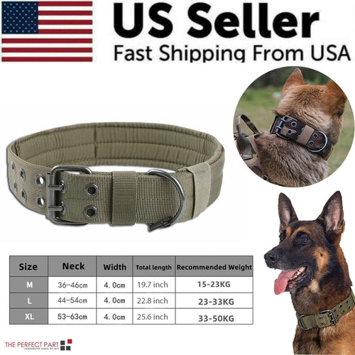 Product poster of olive green tactical dog collar with size and features.
