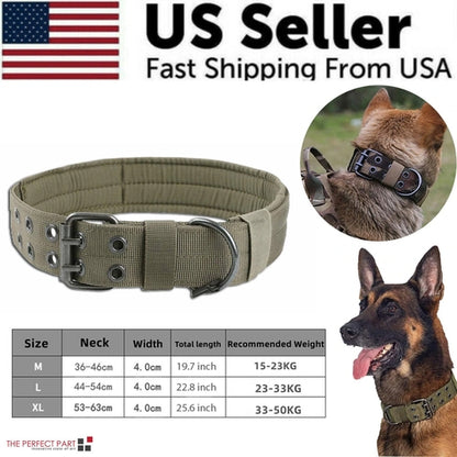 Product poster of olive green tactical dog collar with size and features.