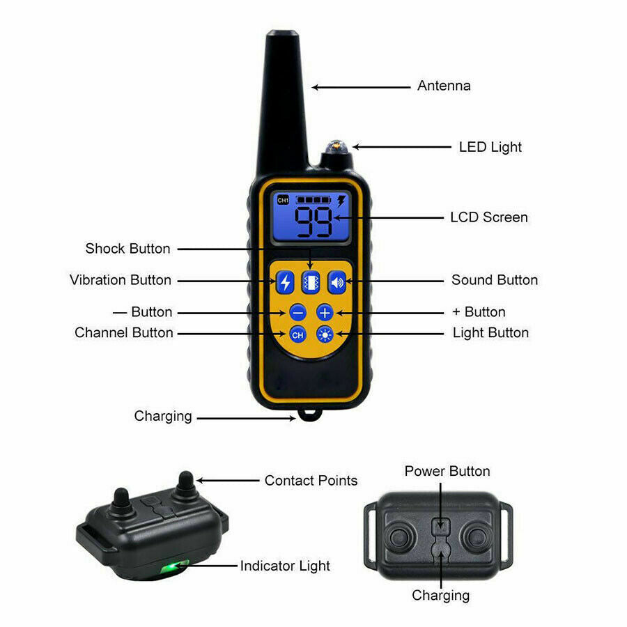 Close-up of handheld remote for 3000 ft dog training collar with screen and buttons.