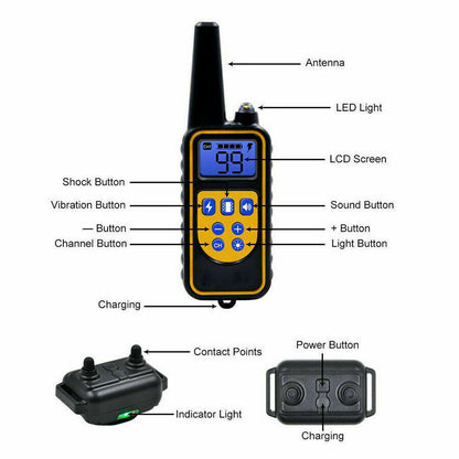 Close-up of handheld remote for 3000 ft dog training collar with screen and buttons.