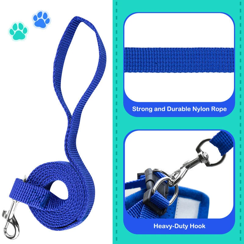 Blue dog harness shown from front and back with reflective straps.