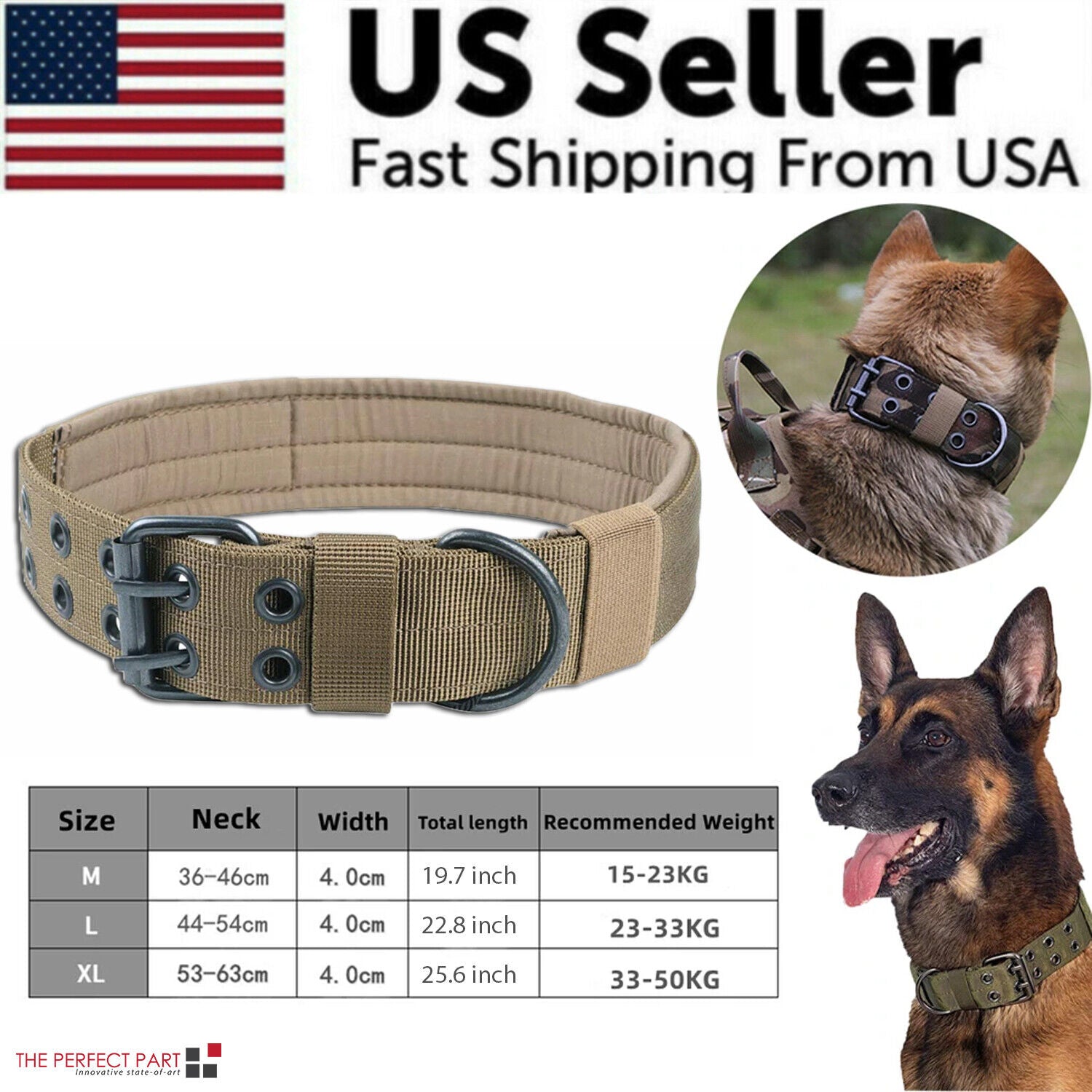 Product card listing sizes and weight for black heavy-duty nylon dog collar.