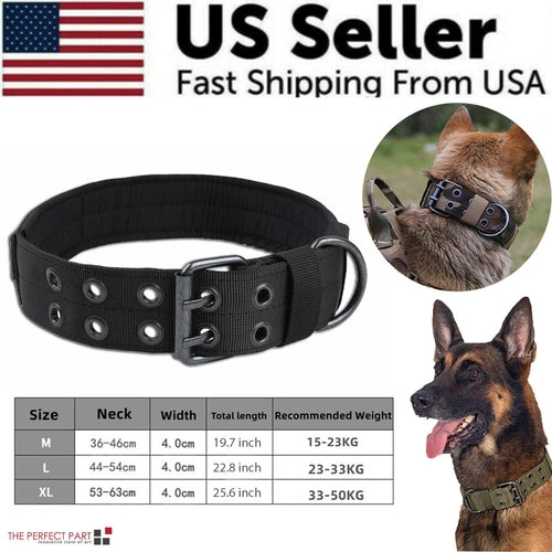Product poster of olive green tactical dog collar with size and features.