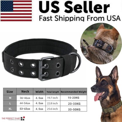 Product poster of olive green tactical dog collar with size and features.