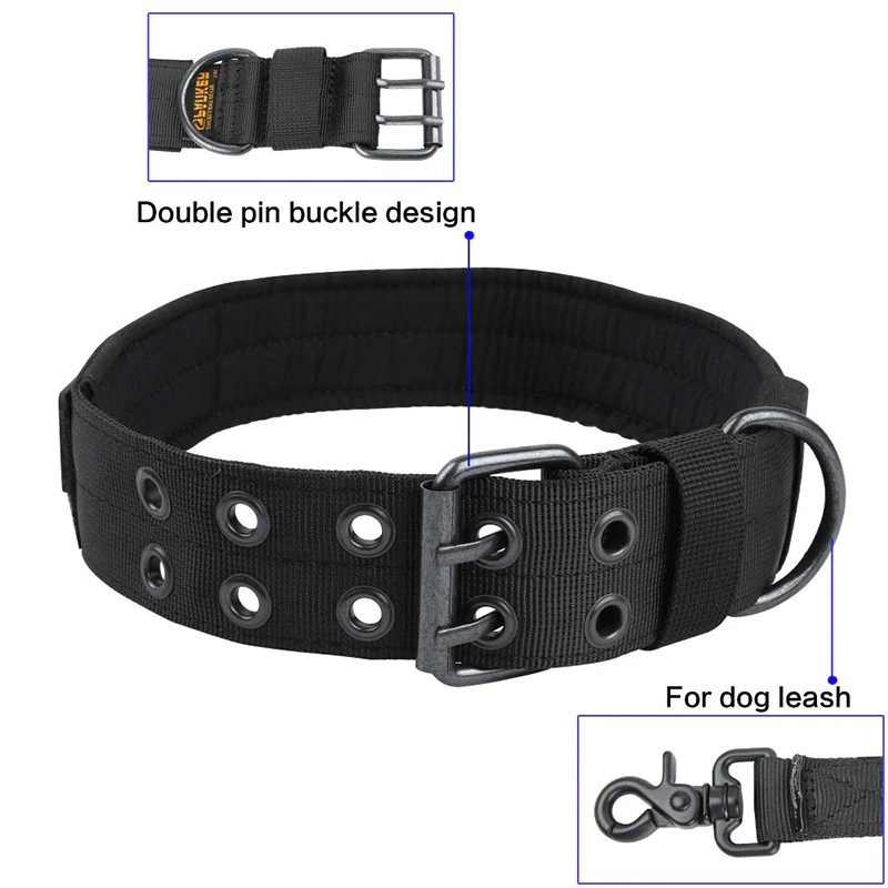 Tactical dog collar featuring integrated control handle and leash D-ring.