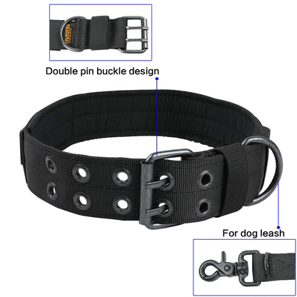 Tactical dog collar featuring integrated control handle and leash D-ring.