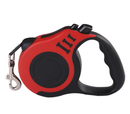 Full product shot of red automatic leash with chrome snap hook.