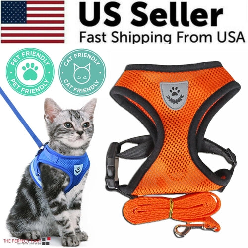 Orange mesh dog harness shown with reflective trim and US Seller note.