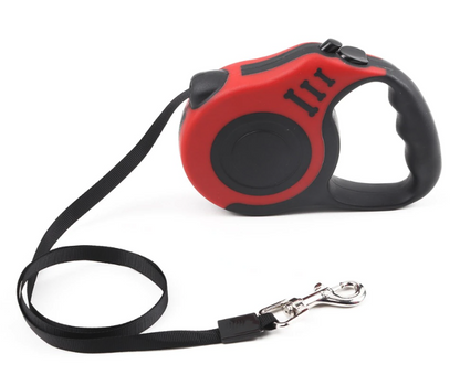 Red 16.5-foot automatic dog leash with flat black tape and chrome clip.