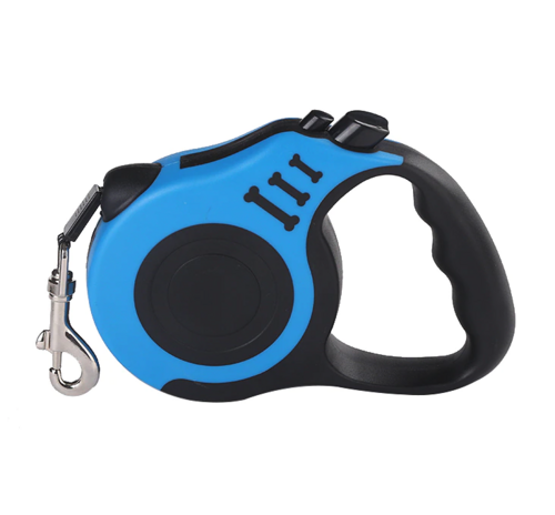 Full product shot of blue 16.5-foot retractable dog leash with brake and lock.
