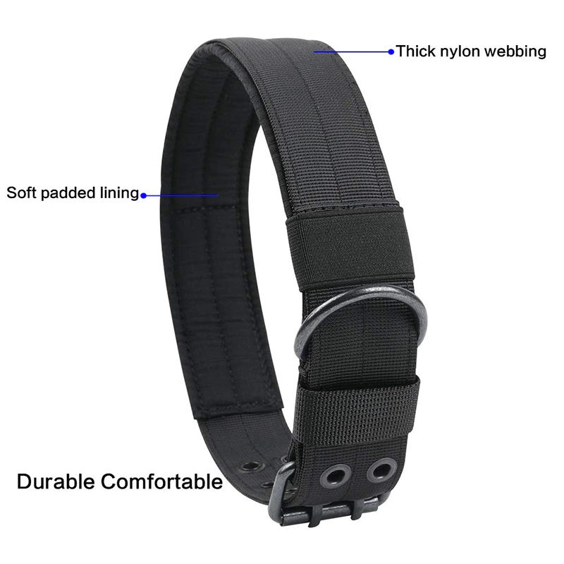 Close-up of black 2-inch K9 collar with reinforced stitching and metal hardware.
