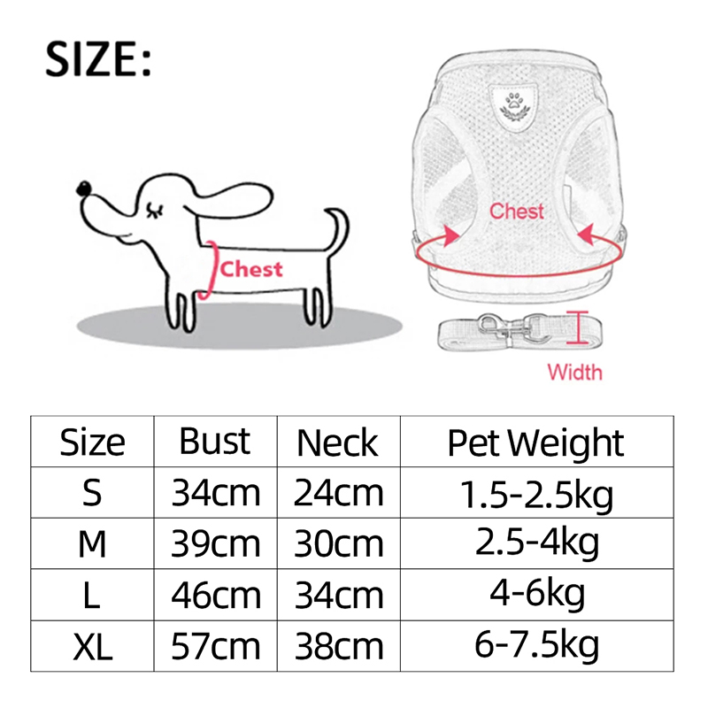Harness sizing table with neck and chest measurements for small to extra-large pets.