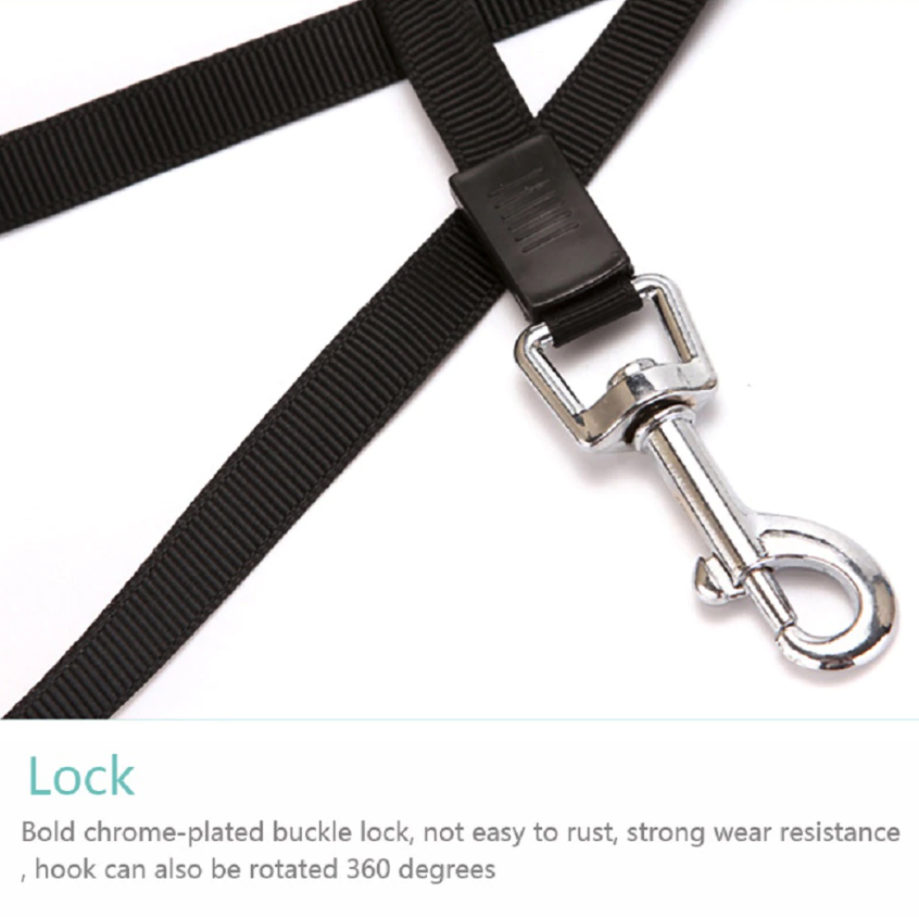 Close-up of metal swivel clip and durable strap of the retractable leash.