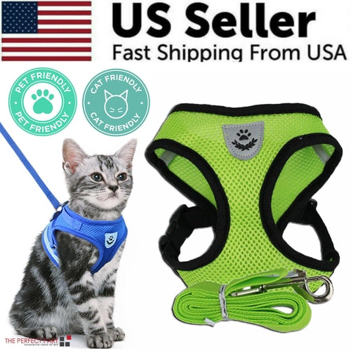 Green breathable harness for dogs and cats with reflective safety strips.